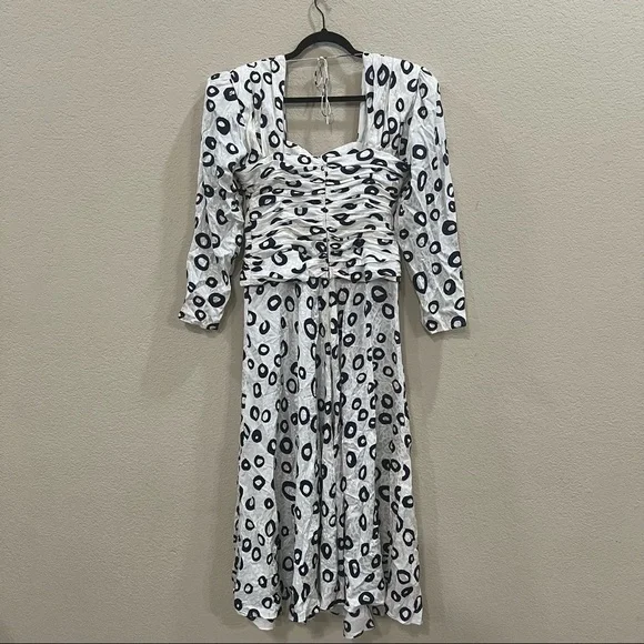 Rare Vintage 80's Flora Kung Dress Designer Silk Sz 12 Ruches Waist Pokadot Boho - Picture 5 of 10